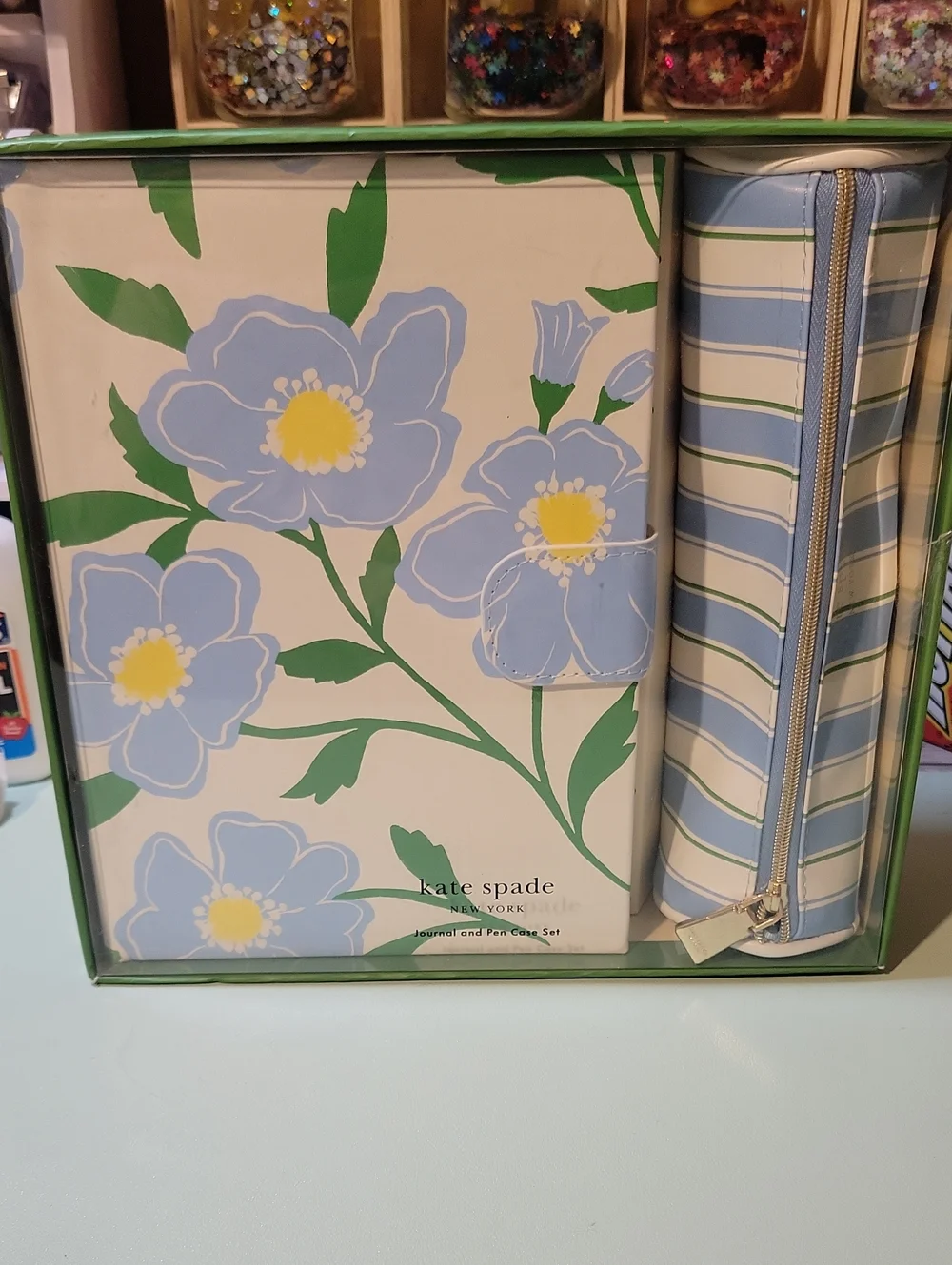 kate spade Light Blue Floral Journal with Blue Stripe Pen Case